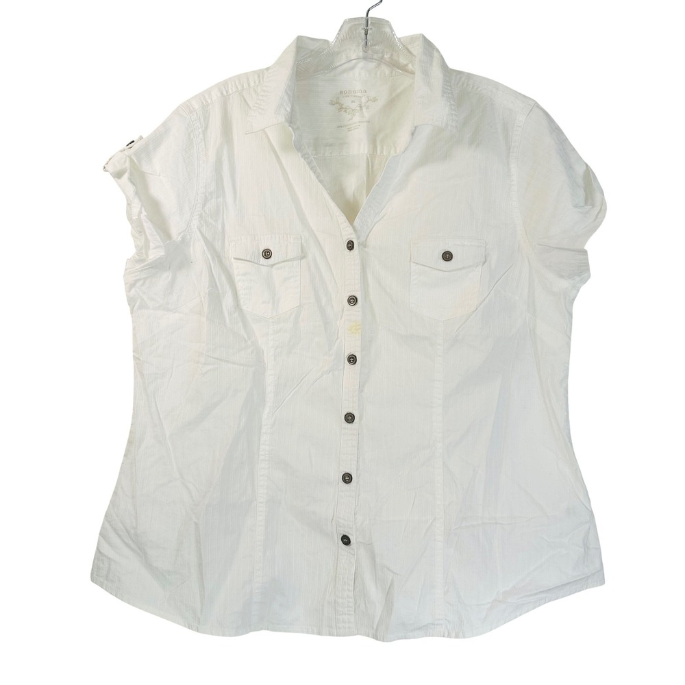 Sonoma Life Style Womens XL White Textured Short Sleeve Button Down Shirt Pocket